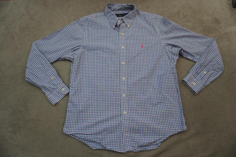 Ralph Lauren Shirt Mens Large Blue Check Button Down Long Sleeve Cotton Casual